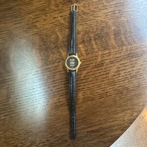 Vintage Olympics Black Leather Strap Gold Watch